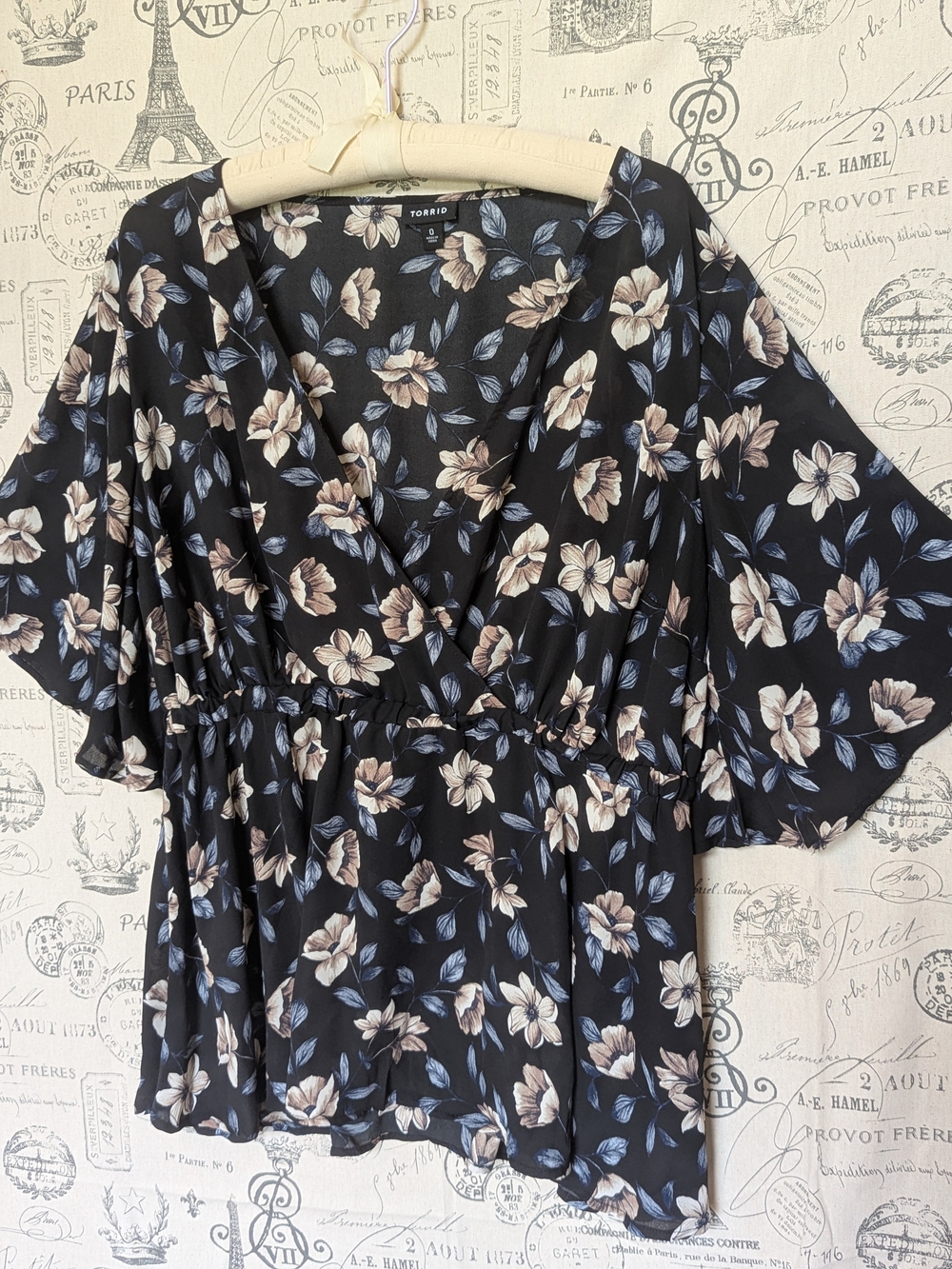Torrid Black Floral Faux Wrap Kimono Style Blouse with Cream & Light Blue Blooms
